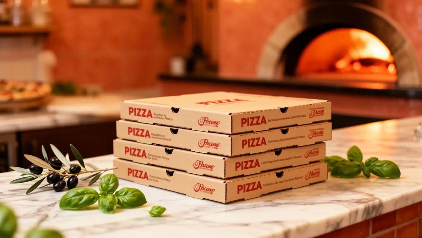 Boîtes à pizza personnalisées empilées sur un comptoir en marbre devant un four à bois italien