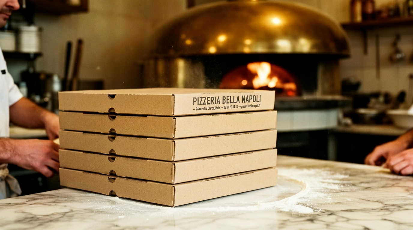 Boîtes à pizza personnalisées empilées sur un comptoir de pizzeria